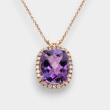 Purple amethyst necklace with rose gold chain on a white background