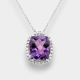 Purple amethyst necklace with diamond halo on a white background