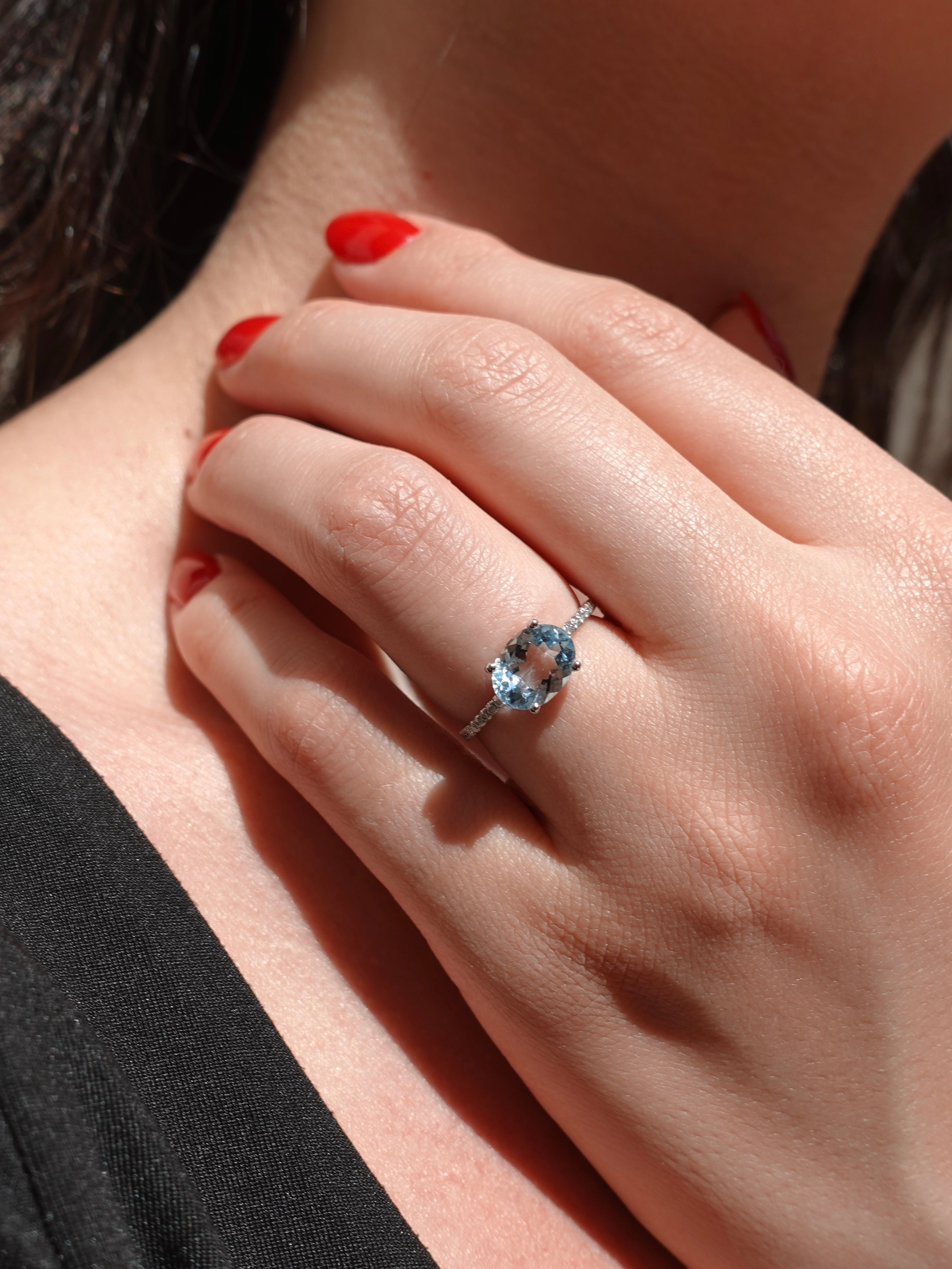 Close-up of a hand wearing a ring with a blue aquamarine gemstone, held against a blurred background.