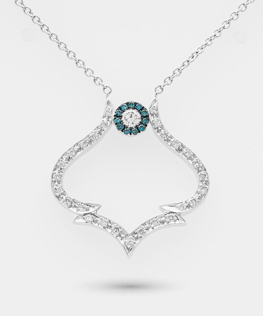 White gold necklace with a heart-shaped pendant on a white background