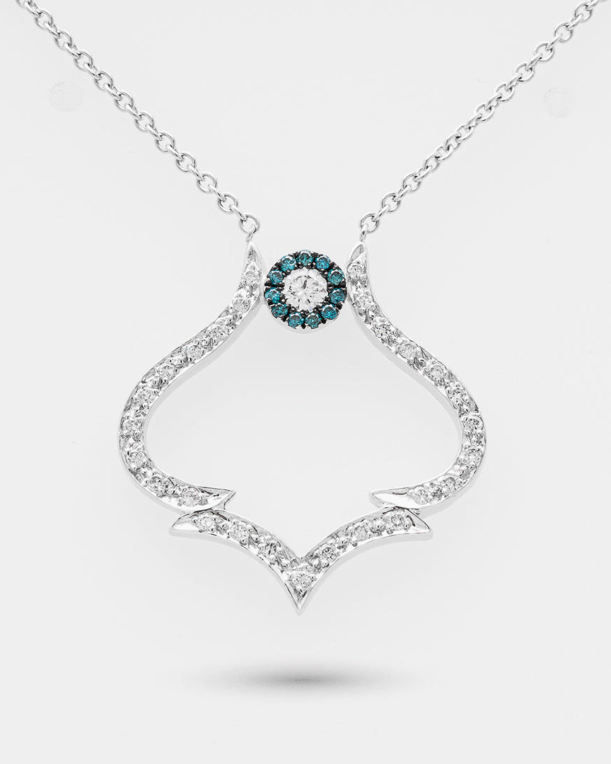 White gold necklace with a heart-shaped pendant on a white background