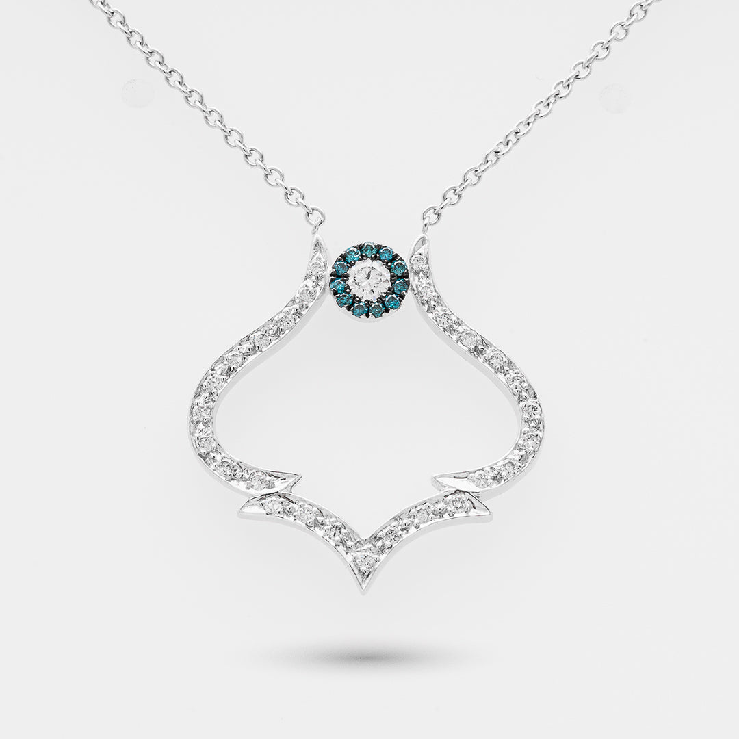 White gold necklace with a heart-shaped pendant on a white background