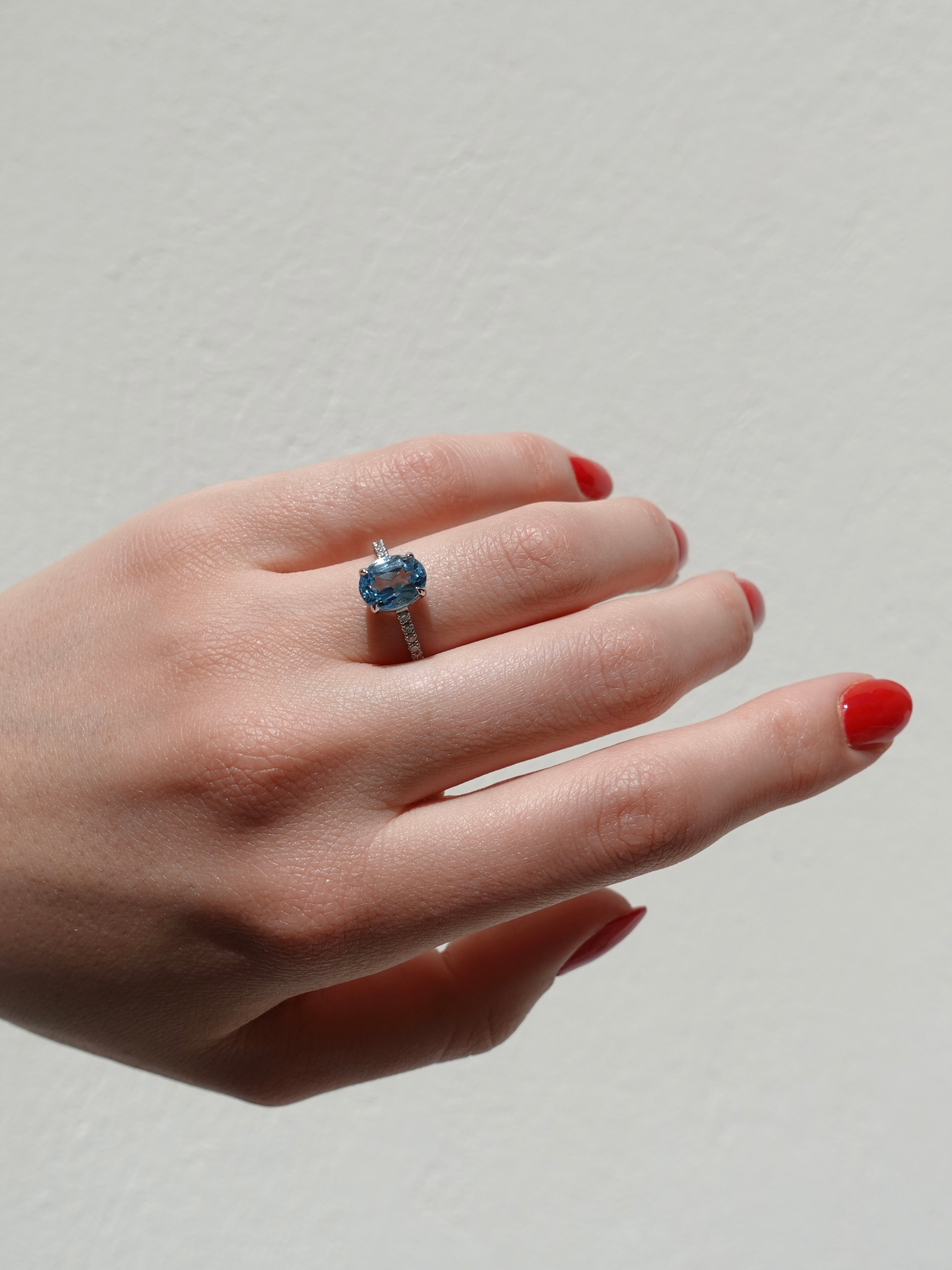 Hand wearing a ring with a blue topaz gemstone on a neutral background
