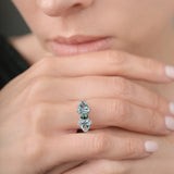 Close-up of a hand wearing a ring with green and blue gemstones.
