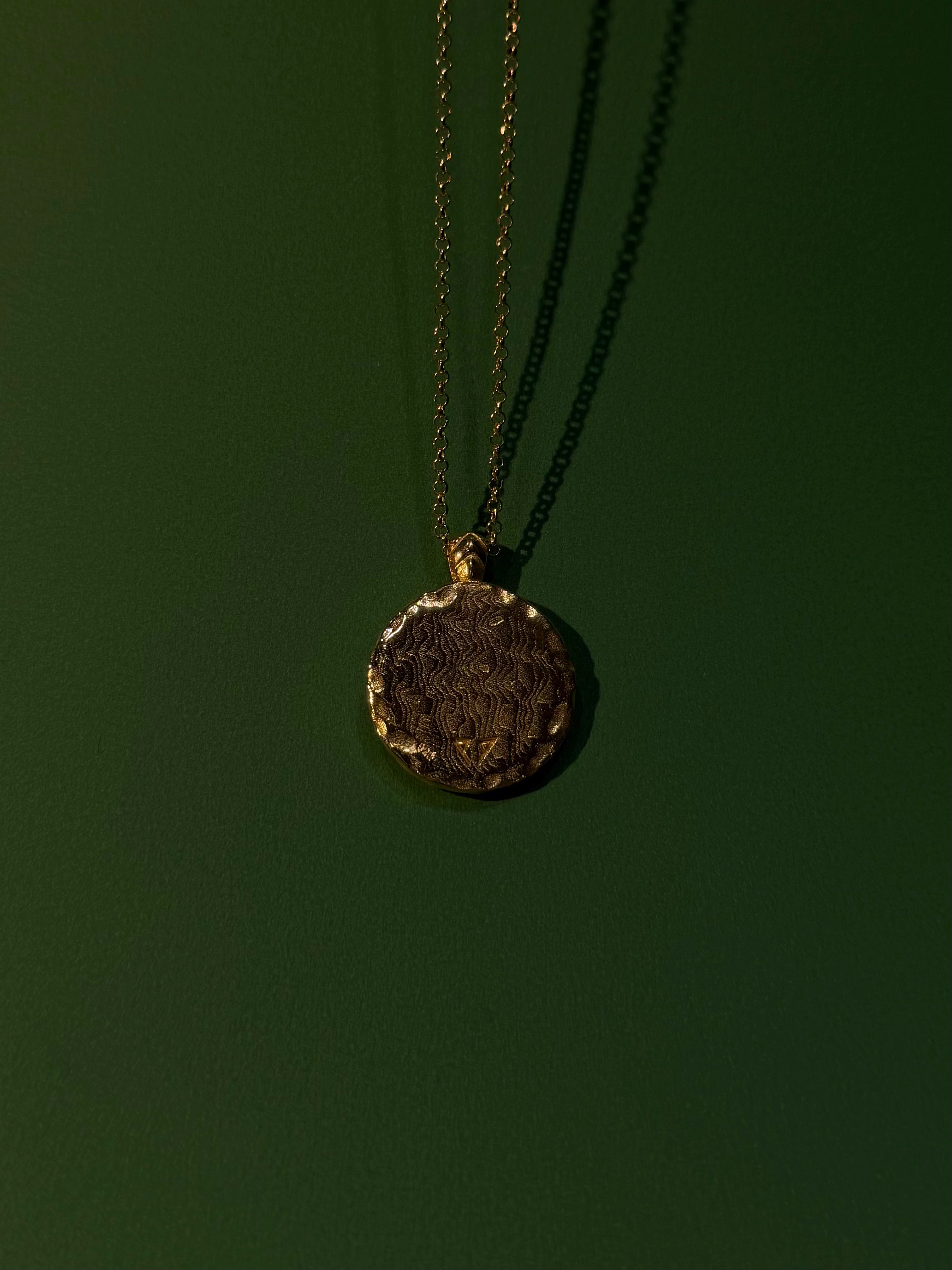 Gold necklace with a round pendant on a dark green background