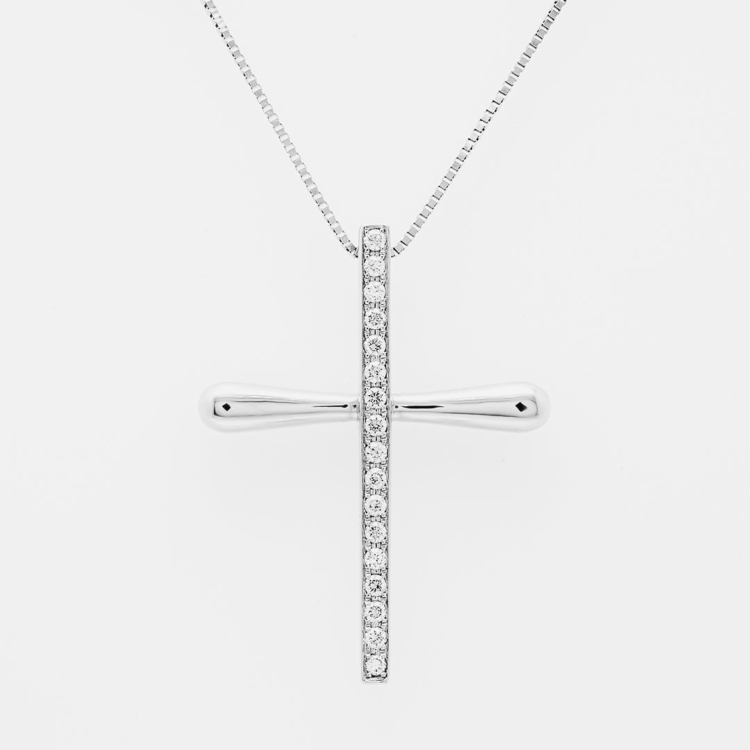 White gold cross pendant necklace with diamonds on a light gray background