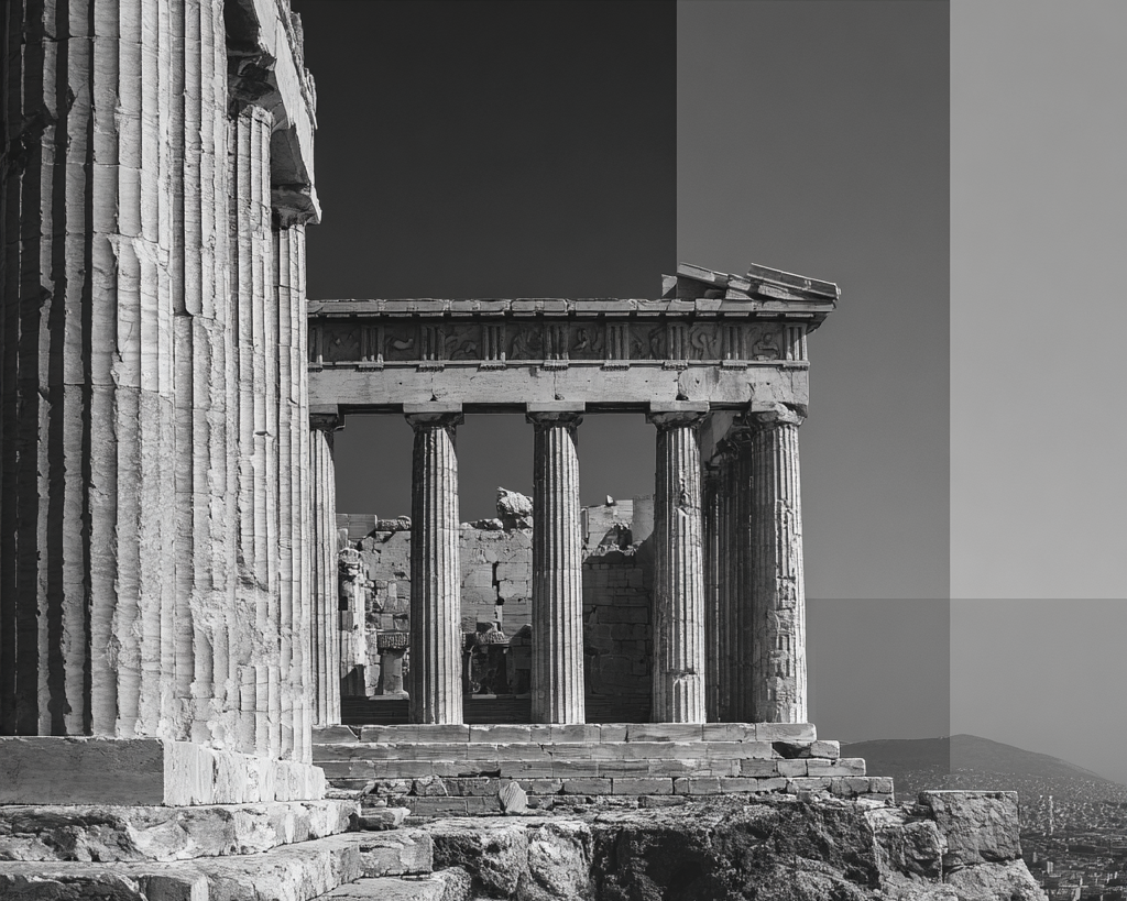 Black and white photograph of ancient temple ruins with columns.