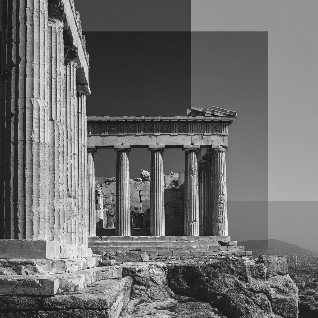 Black and white photograph of ancient temple ruins with columns.