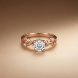 Rose gold ring with a diamond on a beige background