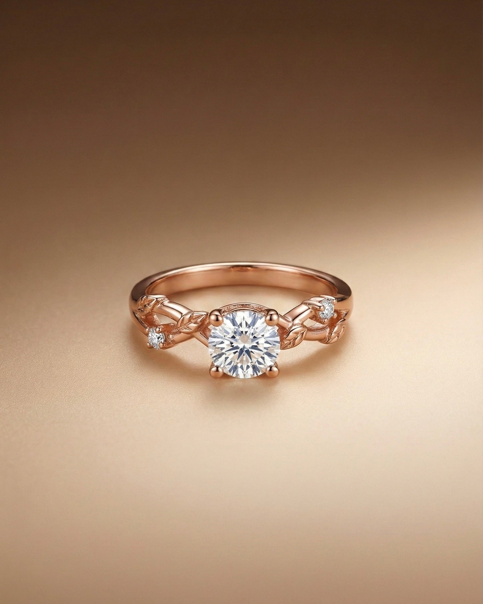 Rose gold ring with a diamond on a beige background