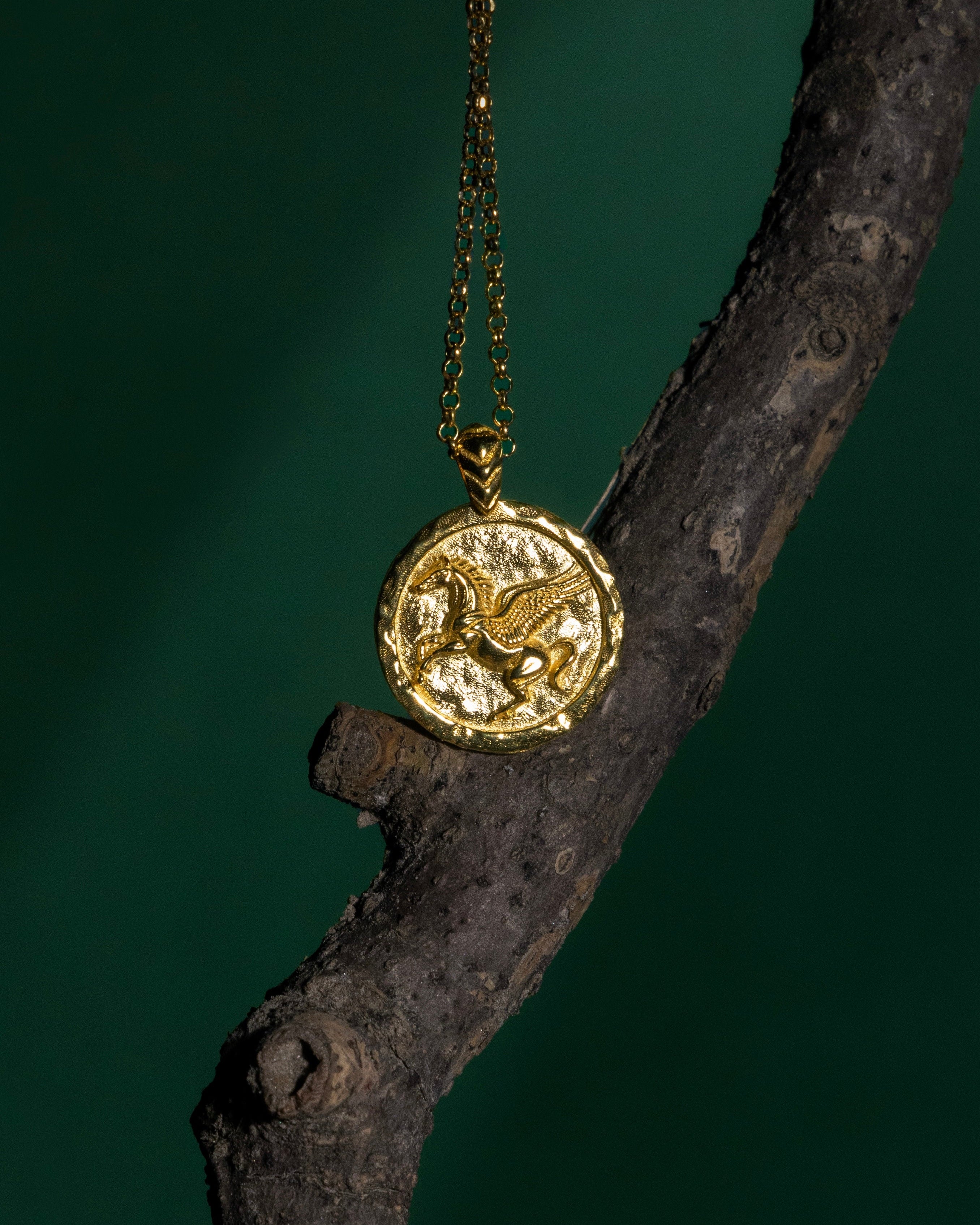 Gold necklace with a pendant hanging on a dark branch against a dark background