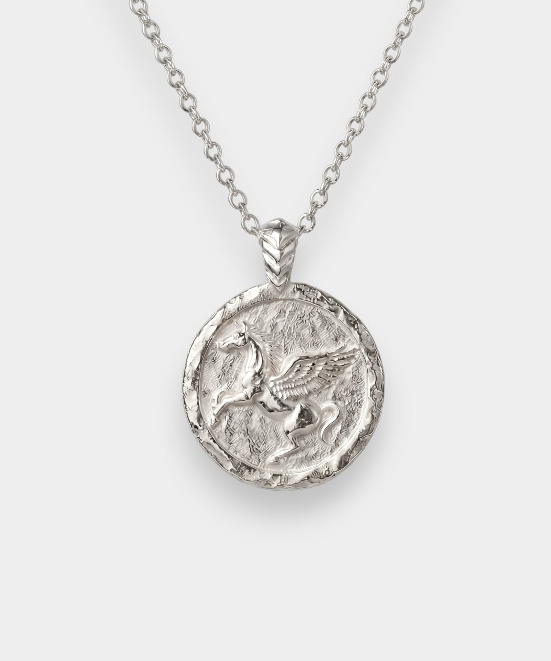 Silver pegasus pendant necklace with a chain on a white background