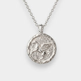 Silver pegasus pendant necklace with a chain on a white background