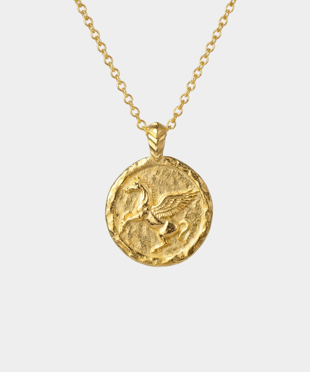 Gold necklace with a round pendant featuring a pegasus design on a white background