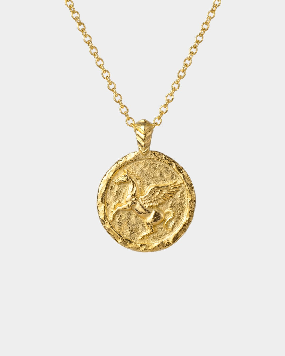 Gold necklace with a round pendant featuring a pegasus design on a white background