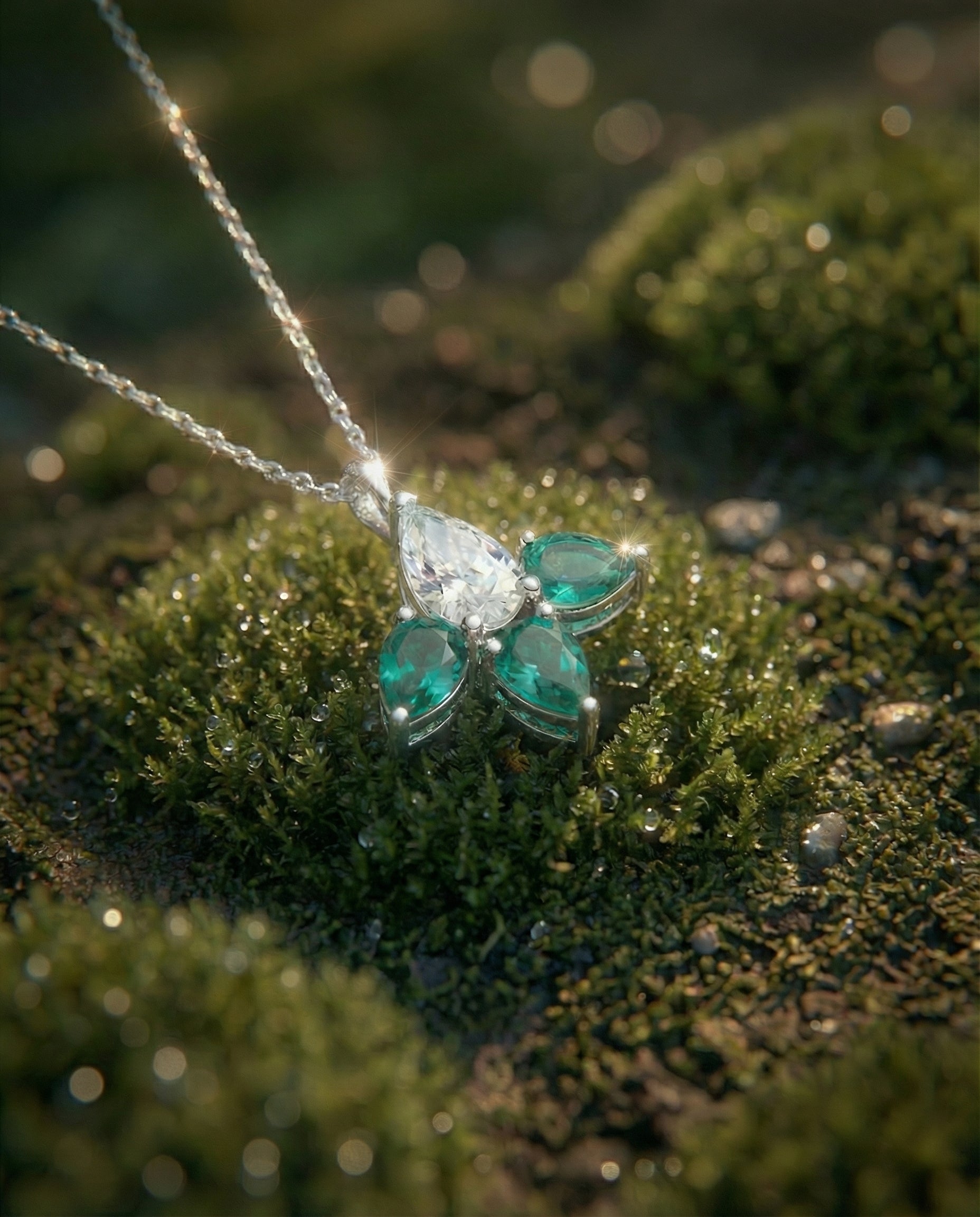 White gold necklace with three emeralds and one diamond on a mossy surface