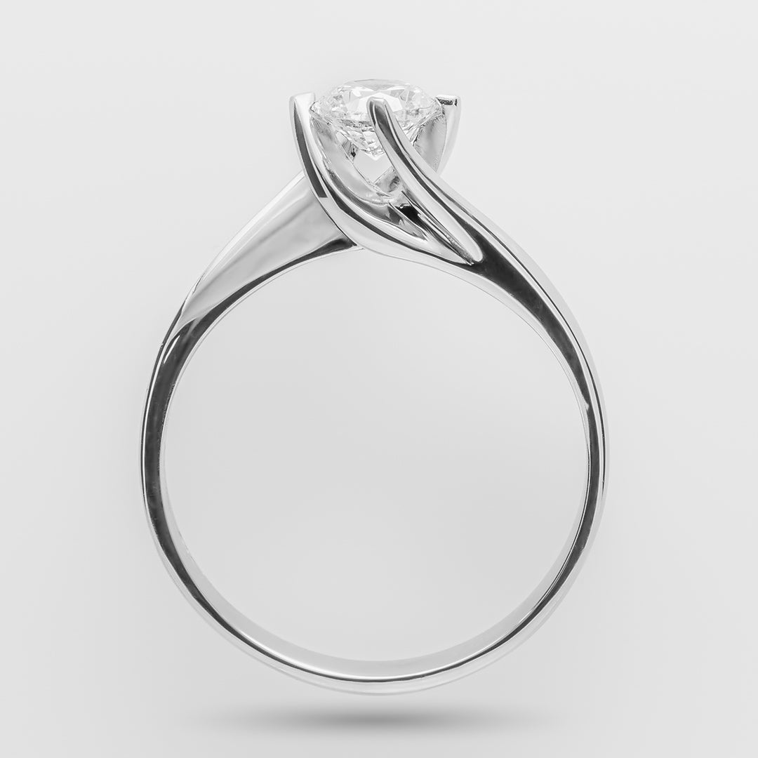 Engagement ring with a diamond and a bypass structure on a light gray background