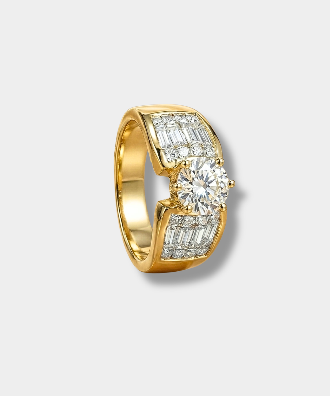 A yellow gold ring featuring a central round-cut clear gemstone flanked by baguette and round-cut clear gemstones, set against a light gray background.