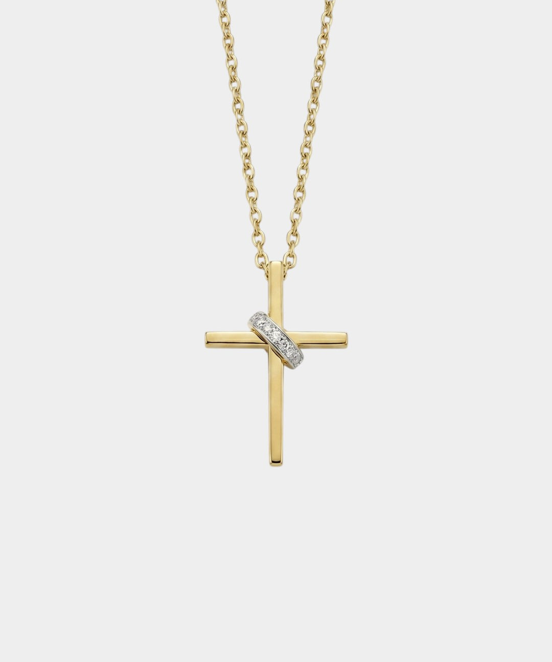 Gold cross necklace with embedded diamonds on a white background
