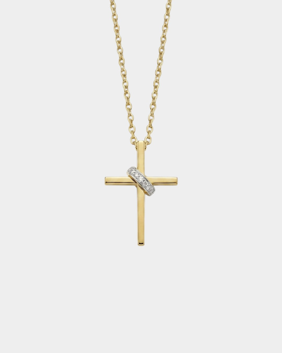 Gold cross necklace with embedded diamonds on a white background