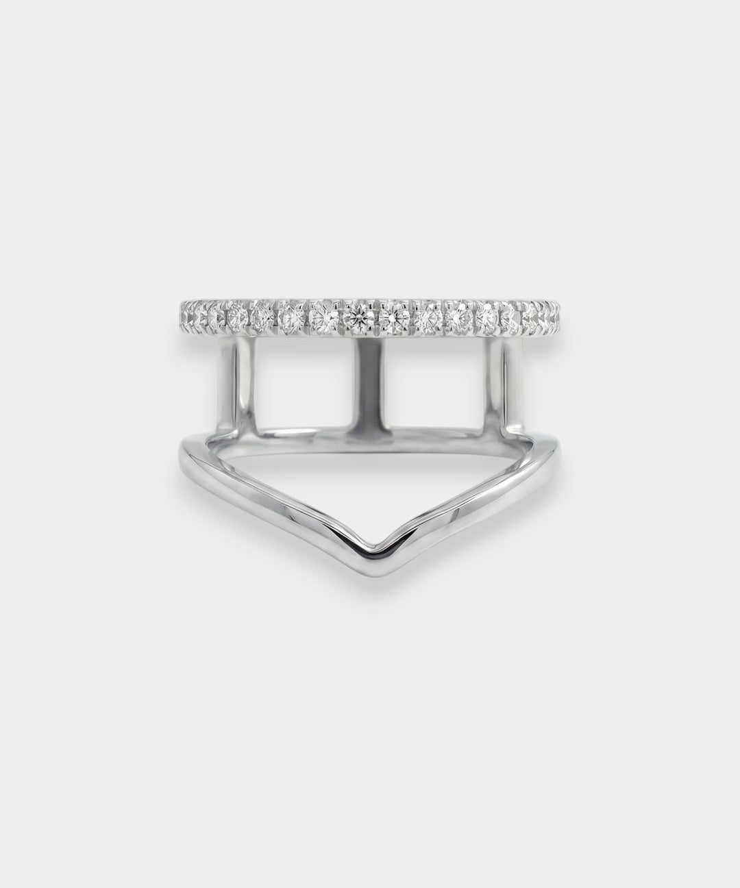 White gold ring with diamonds on a light gray background