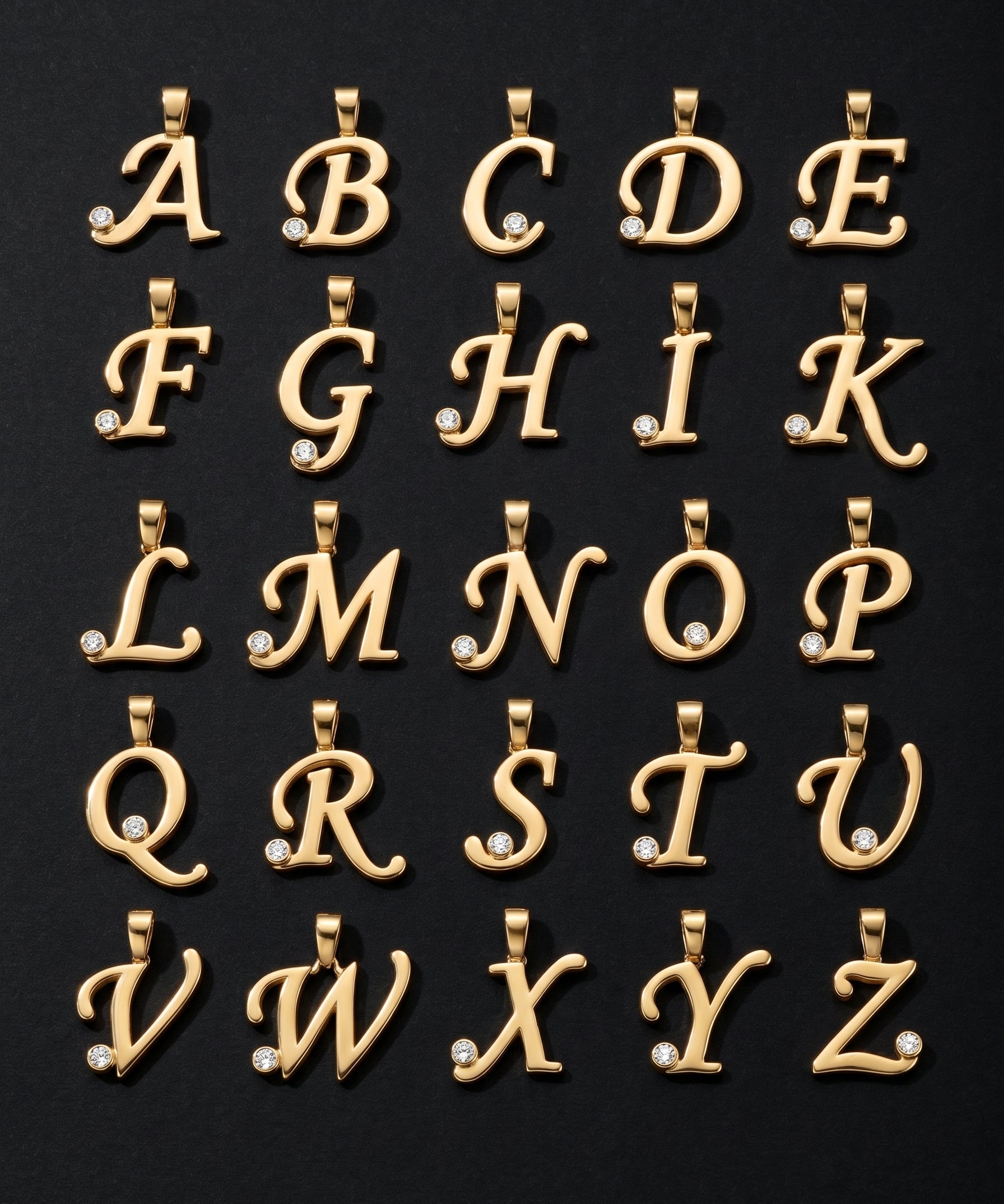 Gold letter pendants from A to Z on a black background