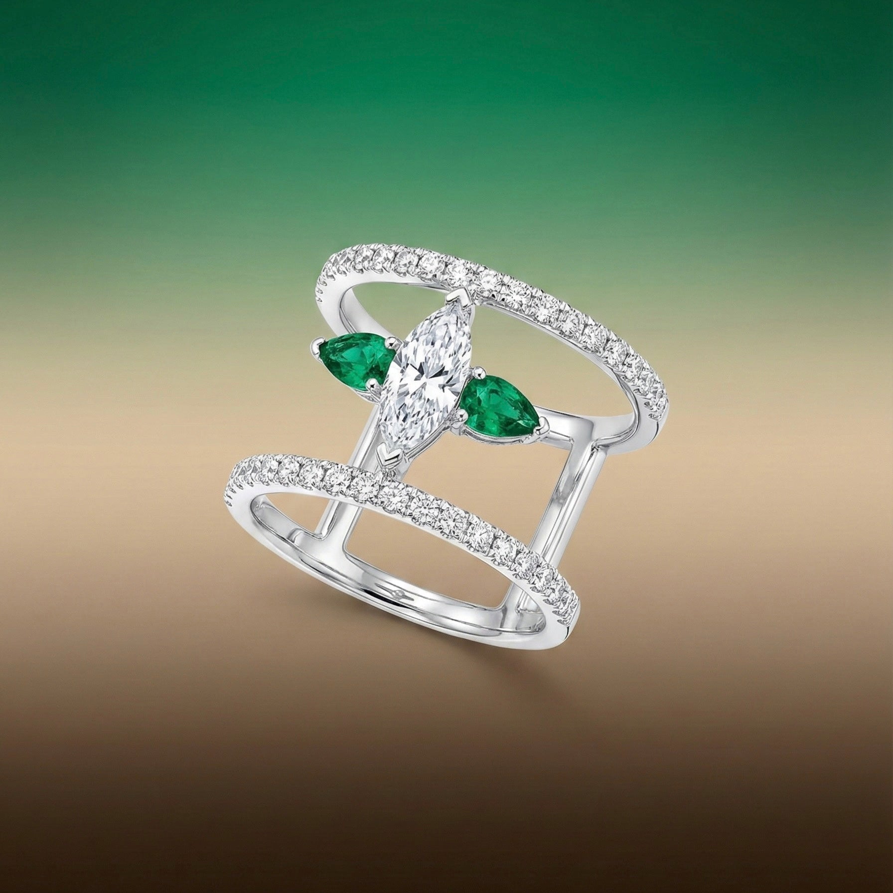 white gold ring with emeralds and diamond on a gradient background