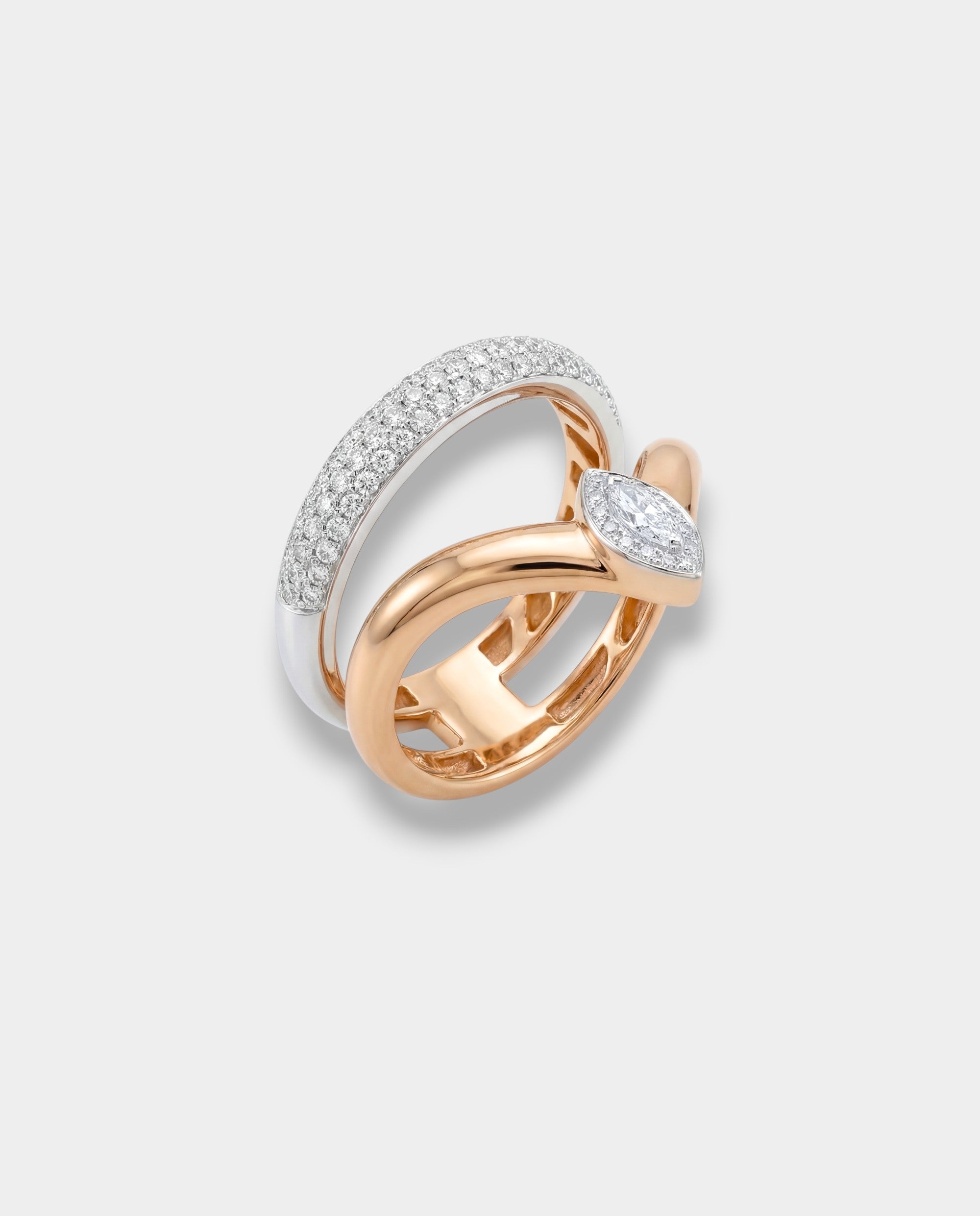 Two interlocking rings as one ring on a light gray background.