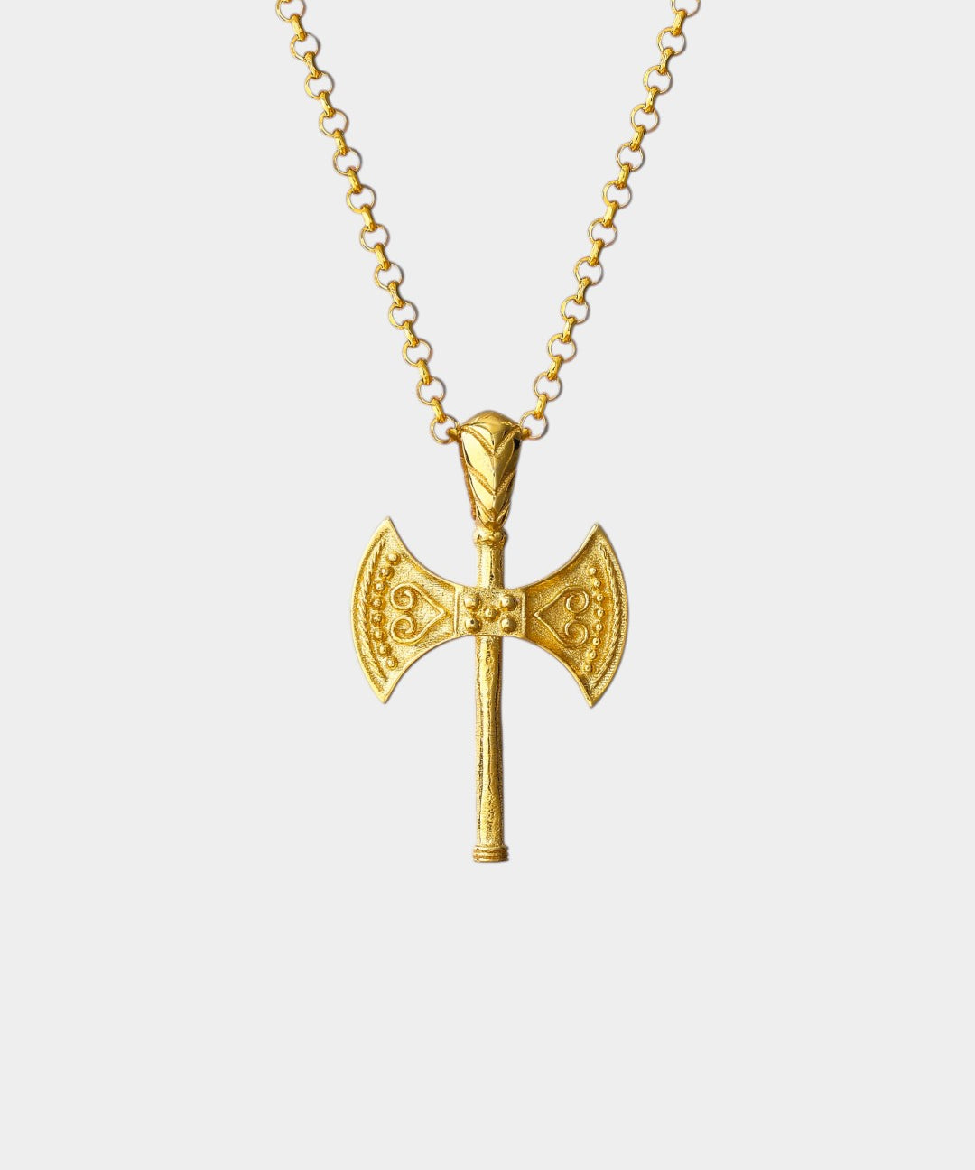 Gold axe-shaped pendant on a chain against a white background