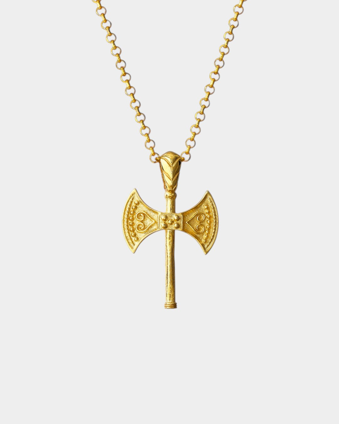 Gold axe-shaped pendant on a chain against a white background