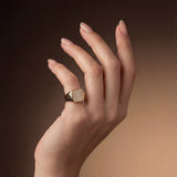 Hand wearing a gold ring with a diamond on a gradient brown background