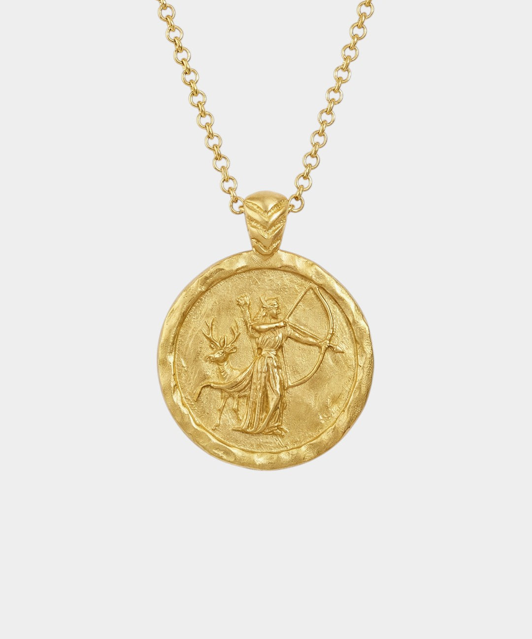 Gold necklace with a circular pendant featuring an artemis figure and deer on a white background