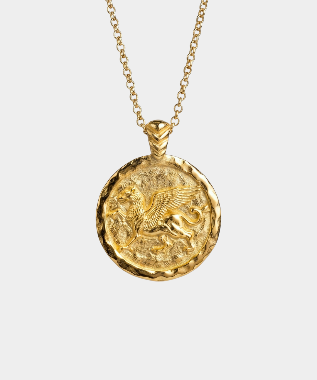 Gold necklace with a detailed griffin pendant on a white background