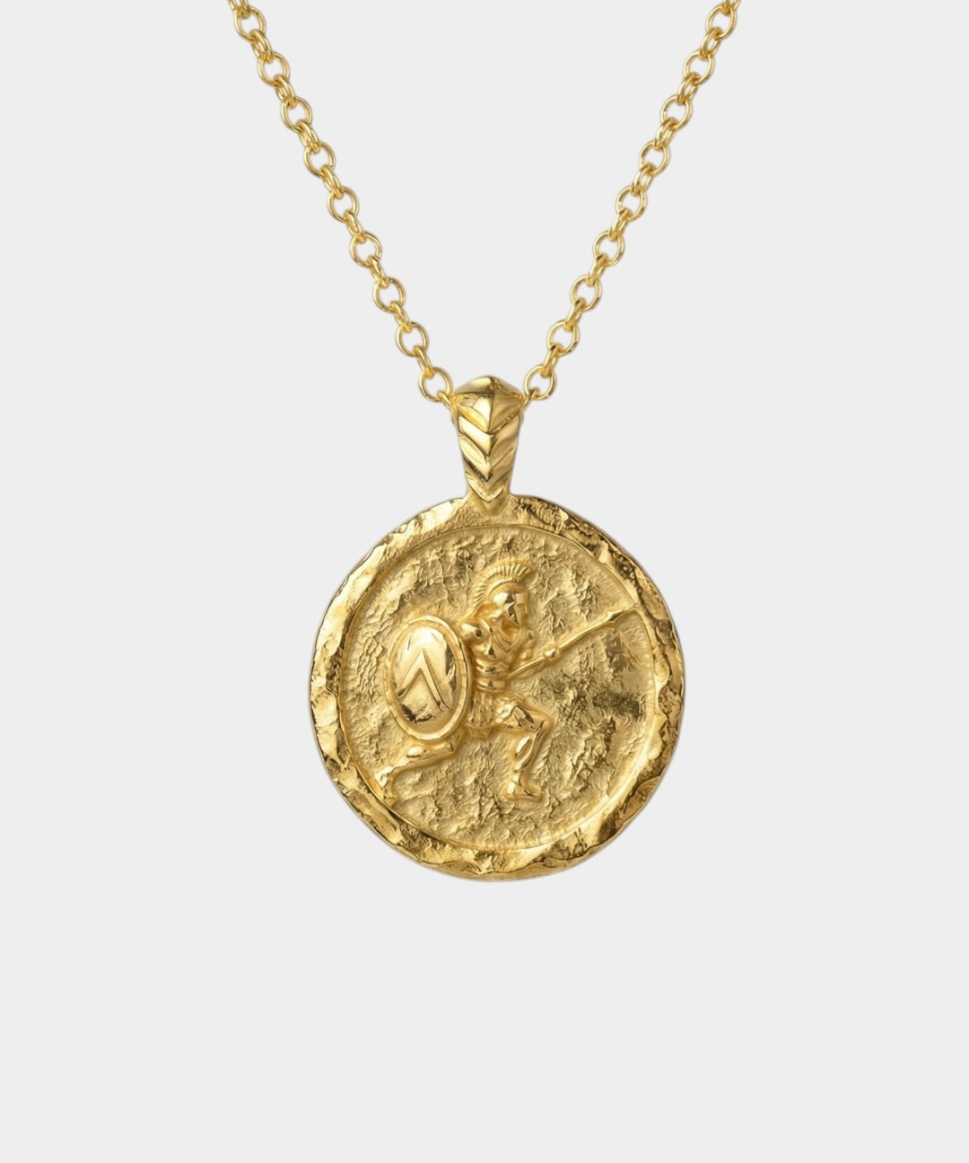 Gold necklace with a round pendant featuring a Spartan soldier on a white background