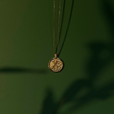 Gold necklace with a circular pendant featuring a Spartan soldier on a dark green background