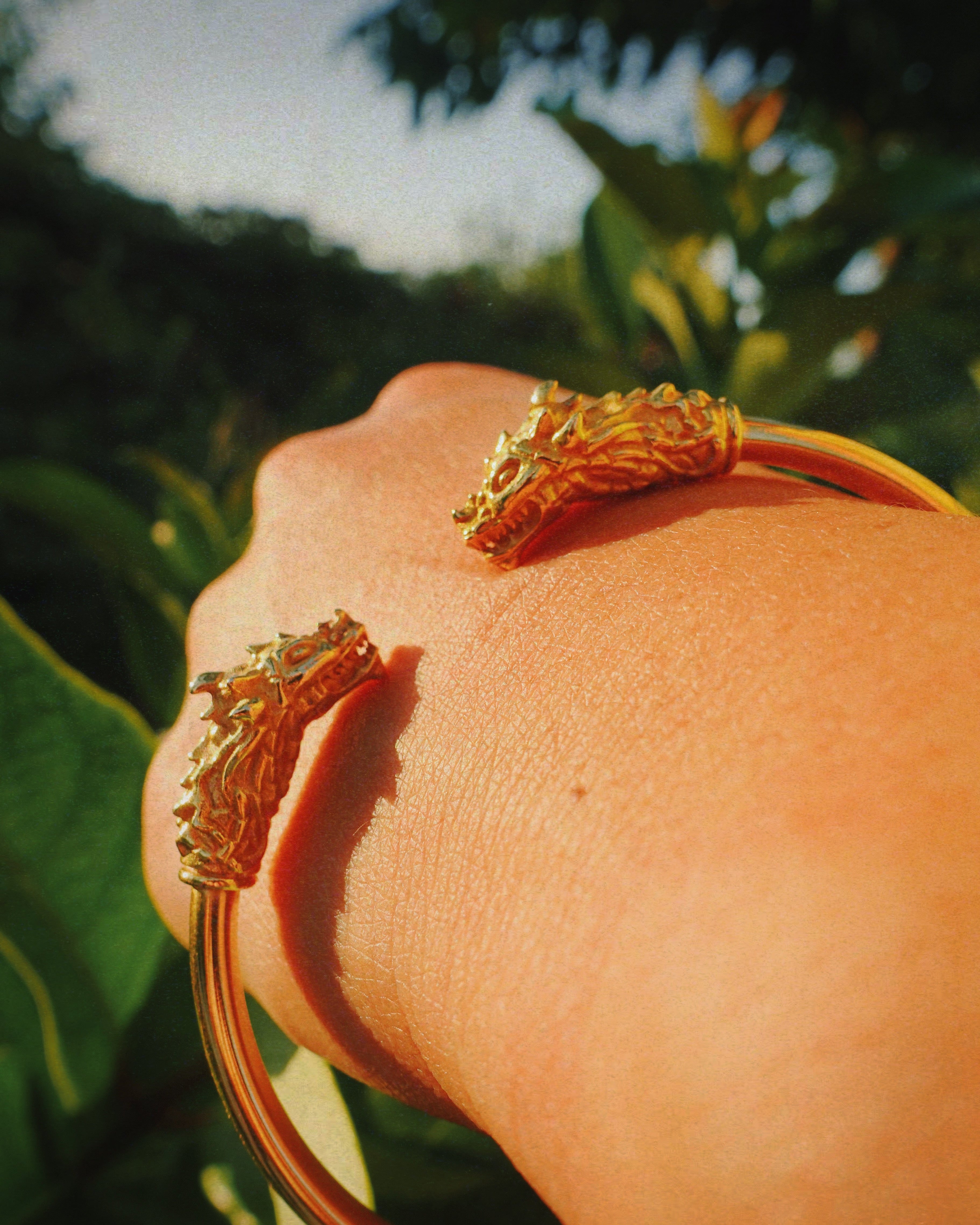 A close-up of a person's hand wearing two gold bangles with sculpted dragon head charms, set against a blurred background of green leaves and sky.
