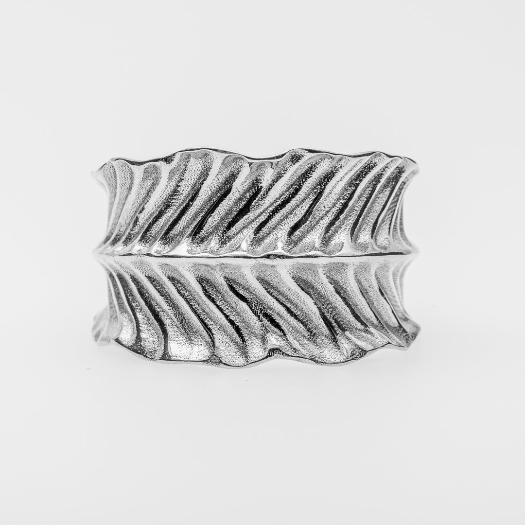 Silver ring with a dragon's eye design on a light gray background