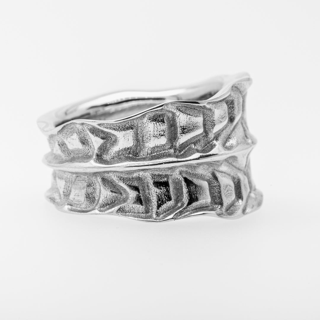 Silver ring with intricate design on a white background