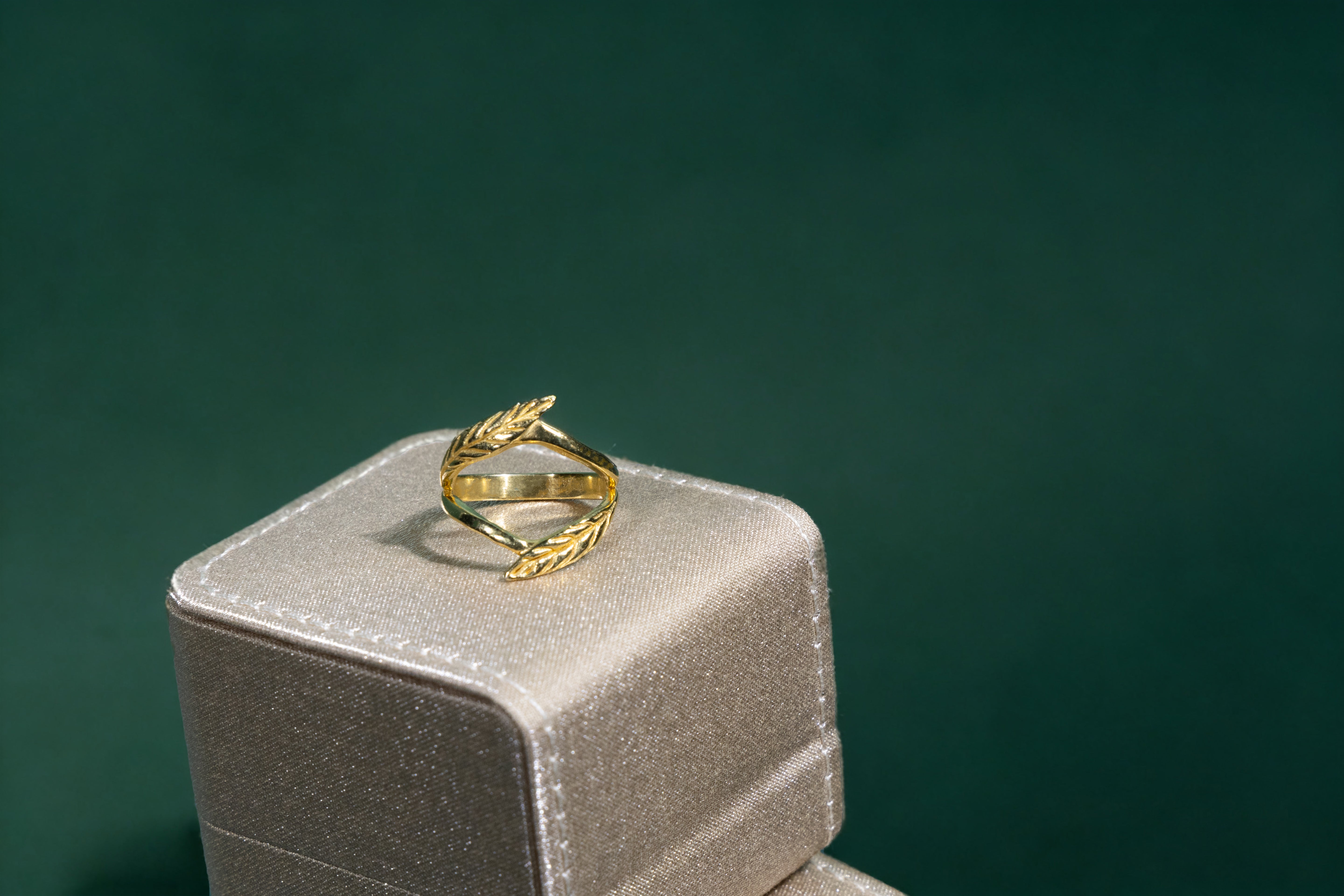 Gold ring on a silver jewelry box with a green background
