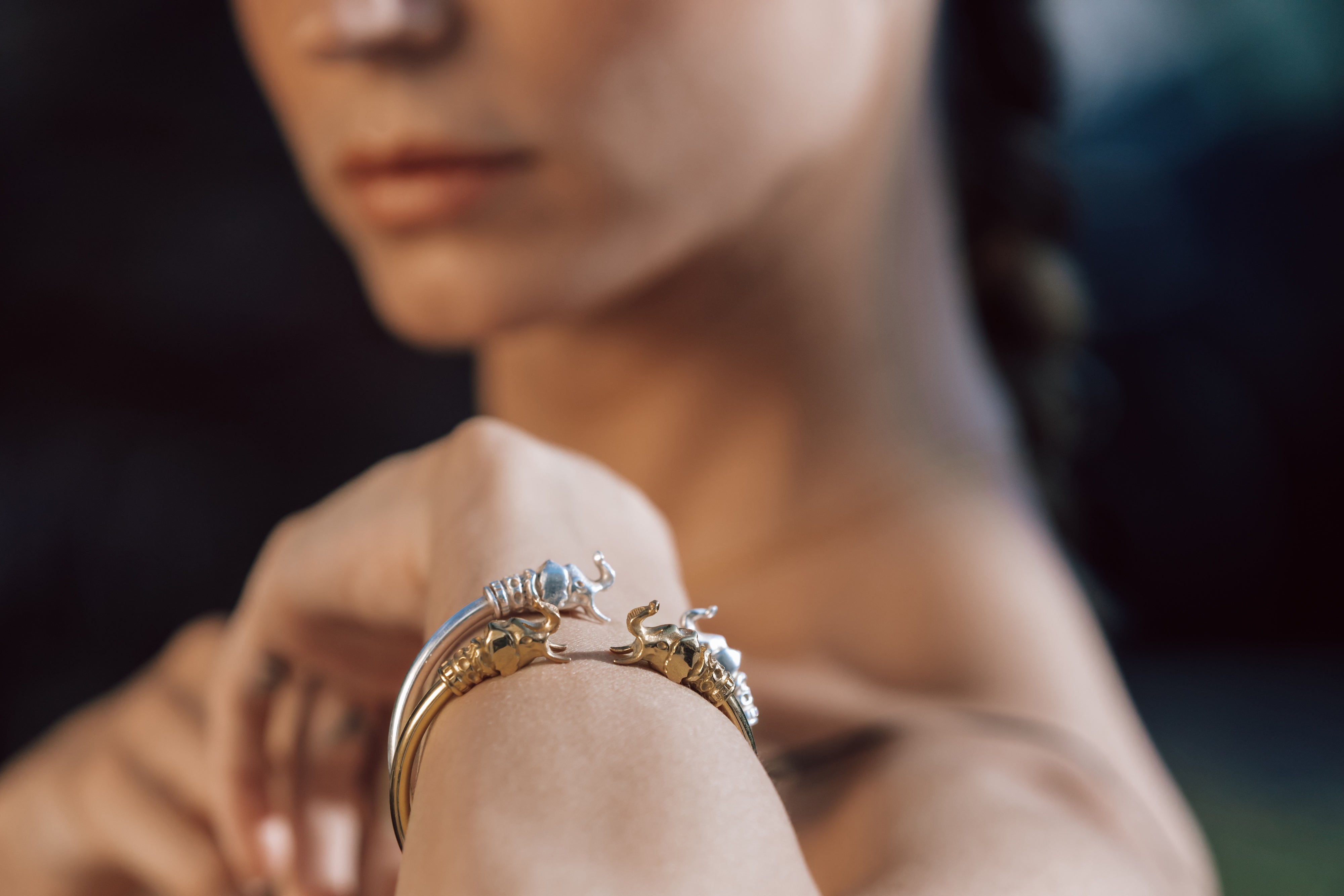 Close-up of a person's arm with elephant bracelets