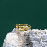 Gold hercules knot ring on a rock with a green background