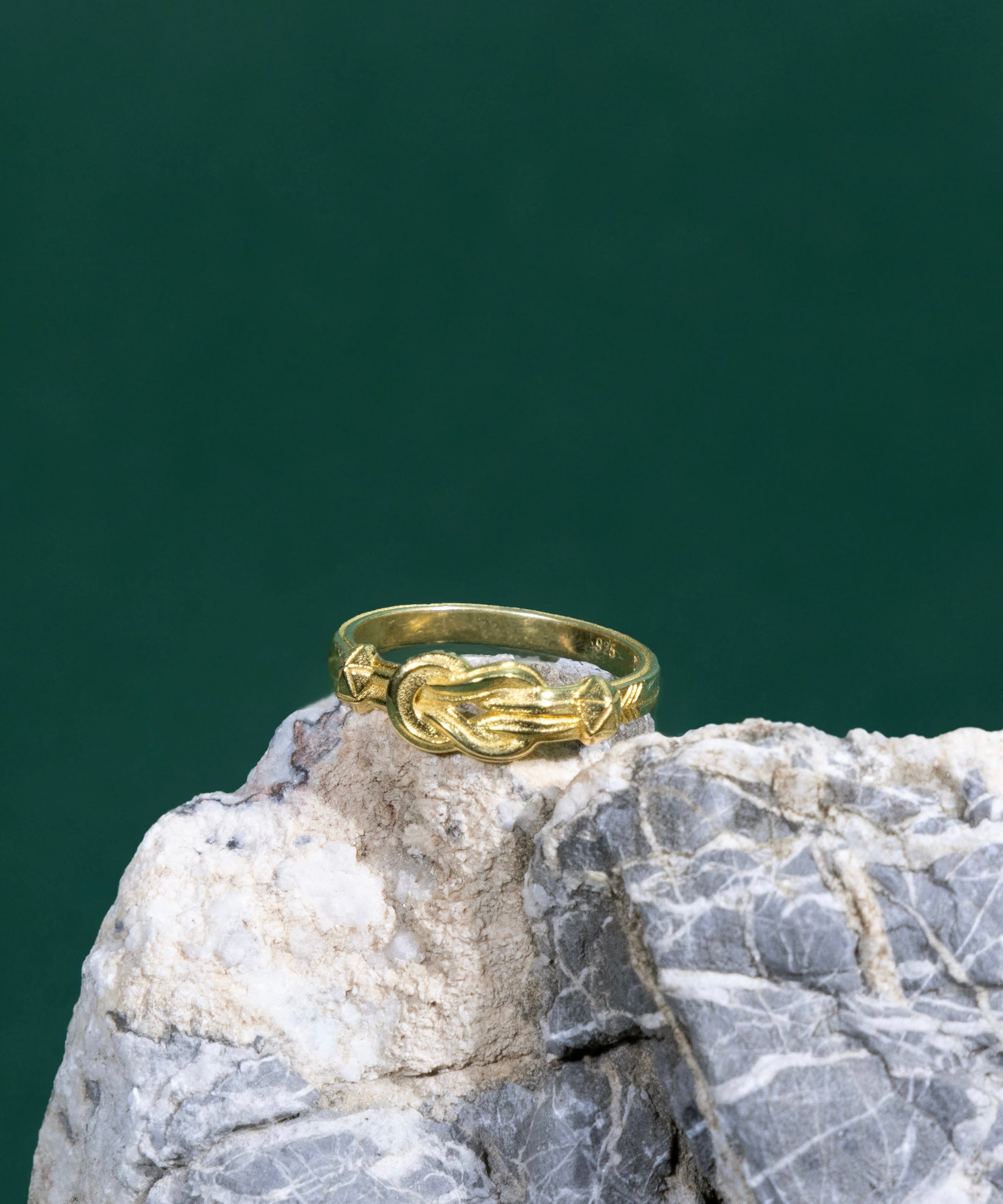 Gold hercules knot ring on a rock with a green background