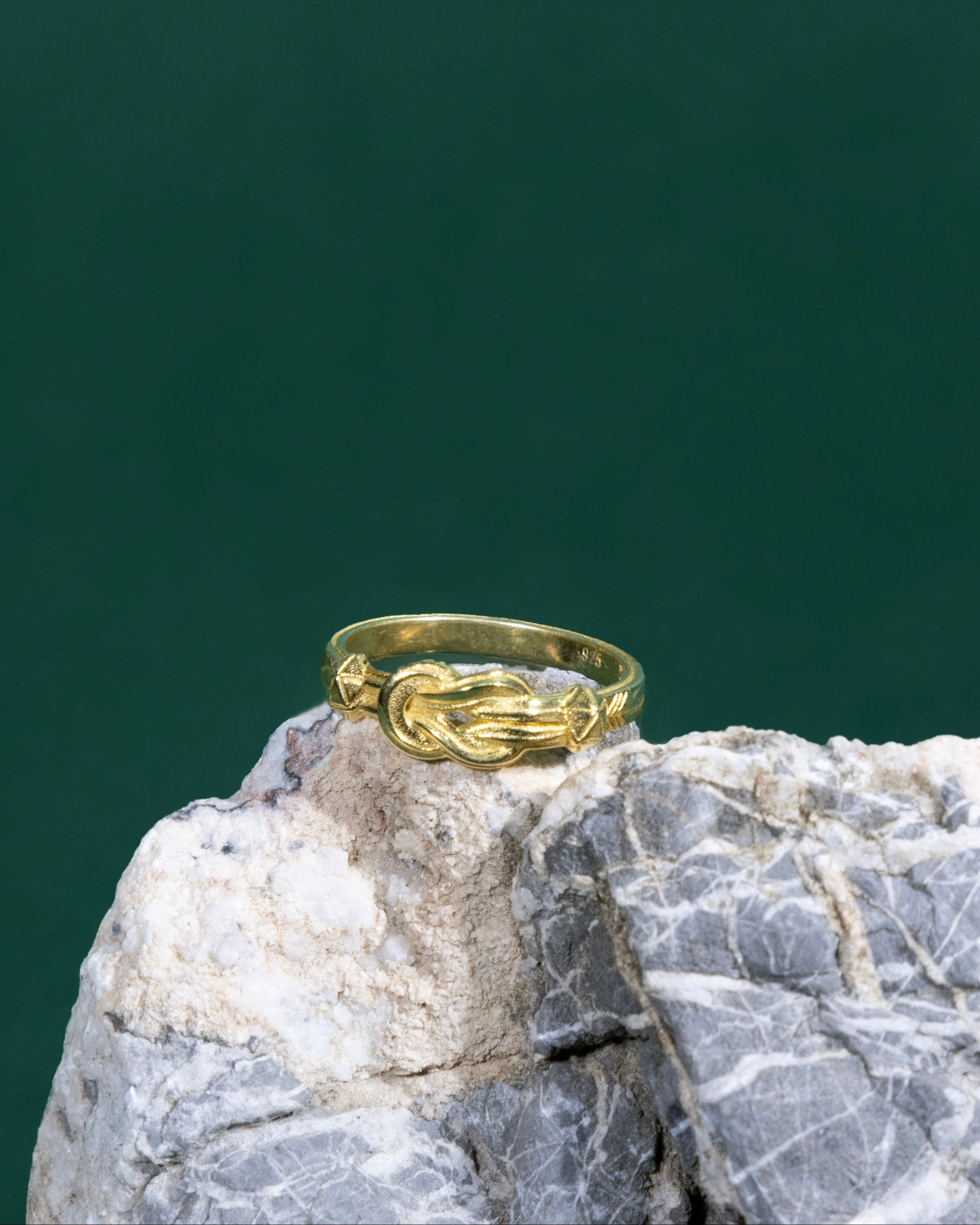Gold hercules knot ring on a rock with a green background