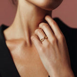Close-up of a hand wearing a gold ring on a blurred background