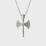 Silver axe-shaped pendant on a chain against a white background