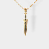 Gold necklace with a unique sword pendant on a white background