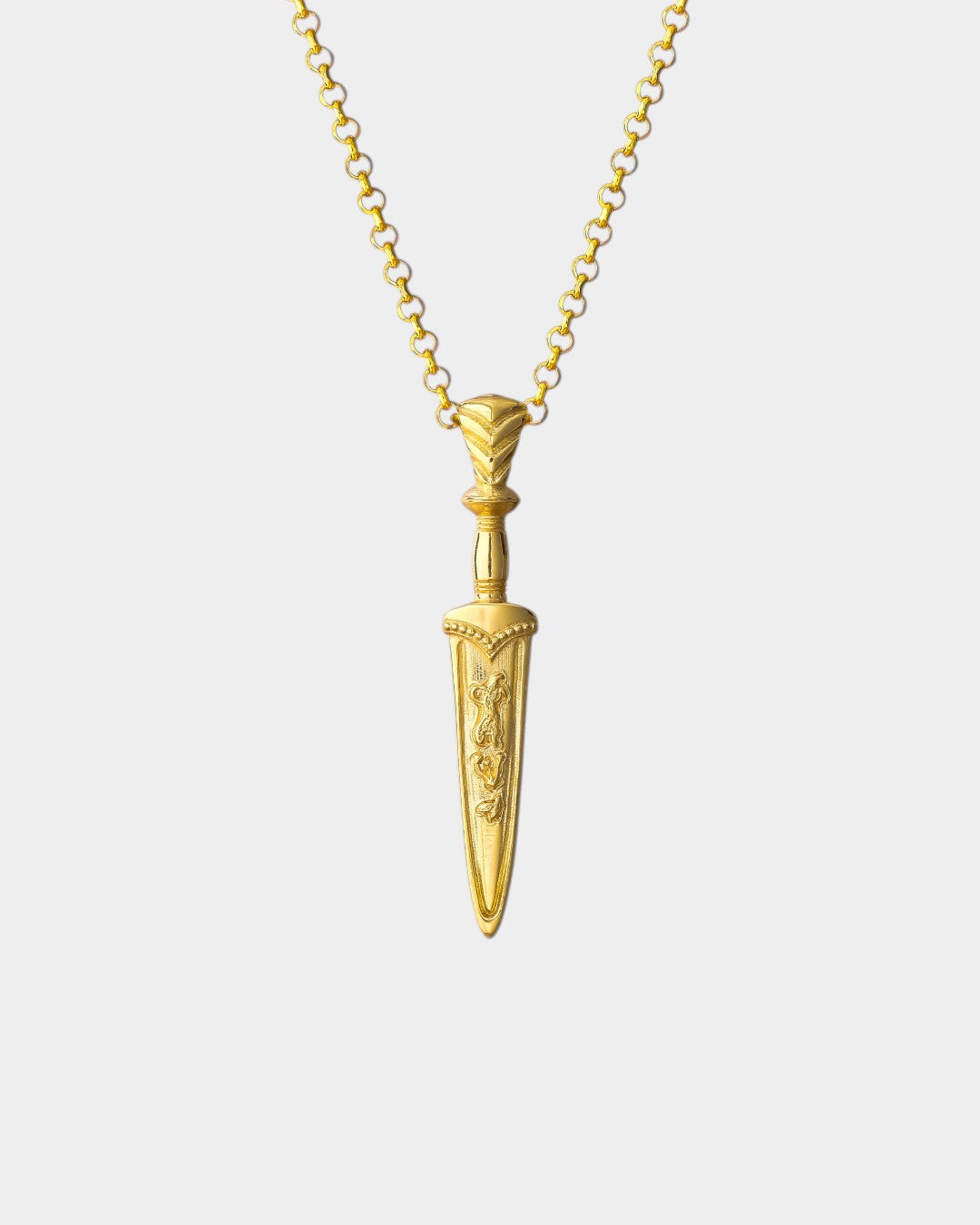 Gold dagger-shaped pendant necklace on a white background
