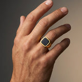 Hand wearing a gold ring with a black stone on a gradient background