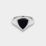 Silver ring with a black triangular stone on a white background