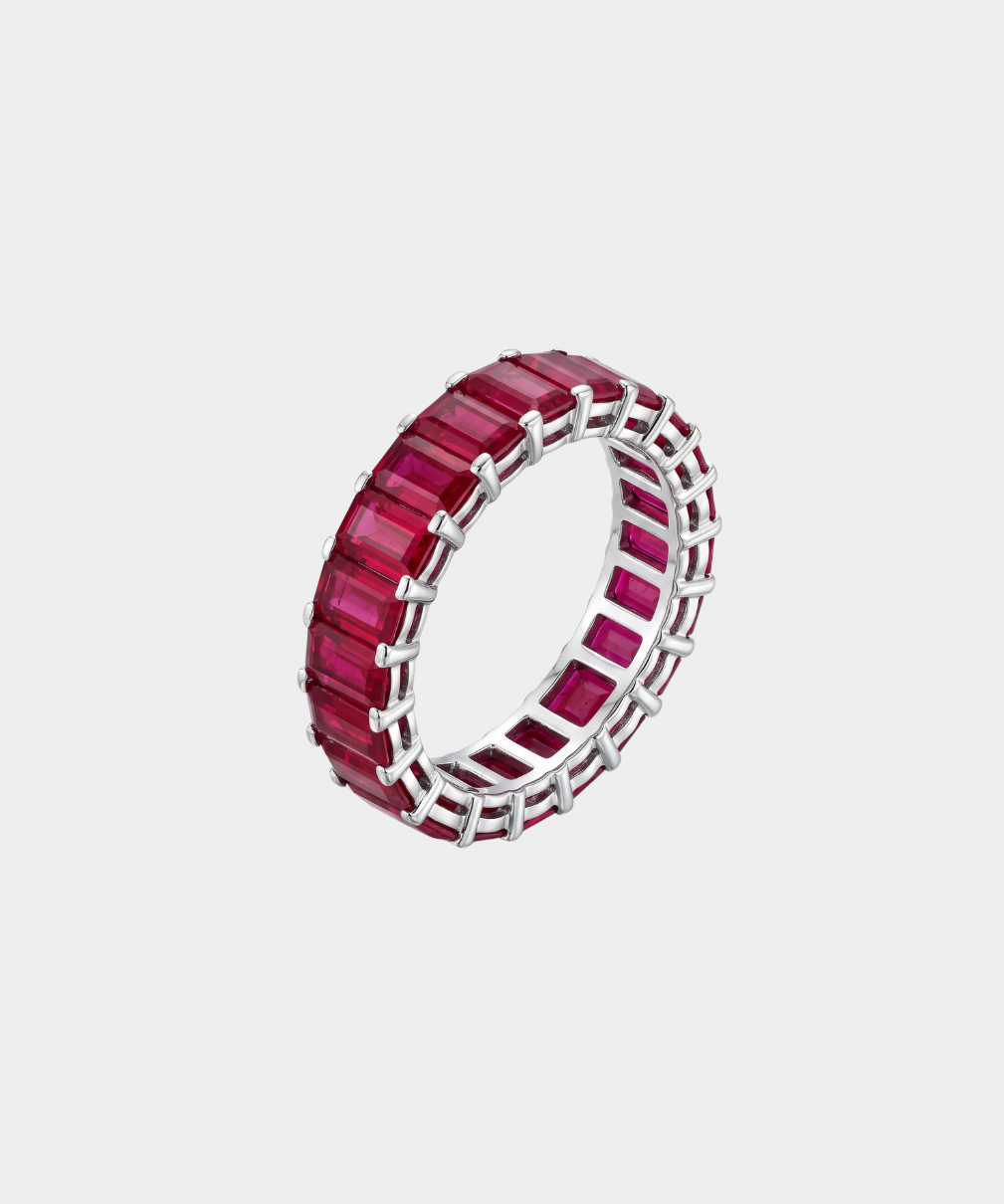 an eternity ring made of emerald-cut rubies 
